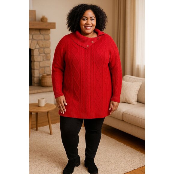 Croft & Barrow Plus Size 2X Sweater With Button Detail Red Textured Cable Knit - Picture 10 of 12
